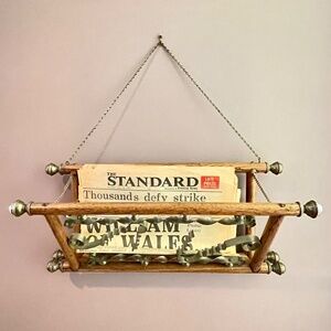 Belle Epoque Antique Oak & Brass Hanging Newspaper / Magazine Rack